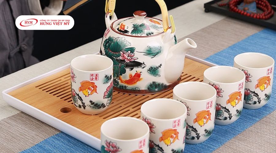 Bộ ấm trà đạo in họa tiết cá chép tinh xảo