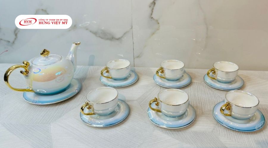 Bộ ấm trà cao cấp viền chỉ vàng sang trọng