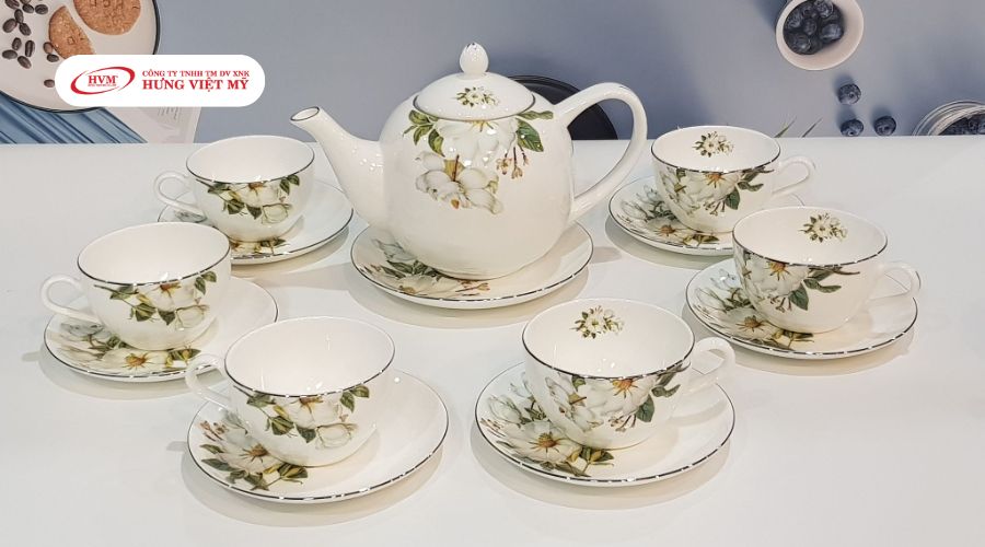 Bộ ấm chèn trắng in logo, họa tiết hoa