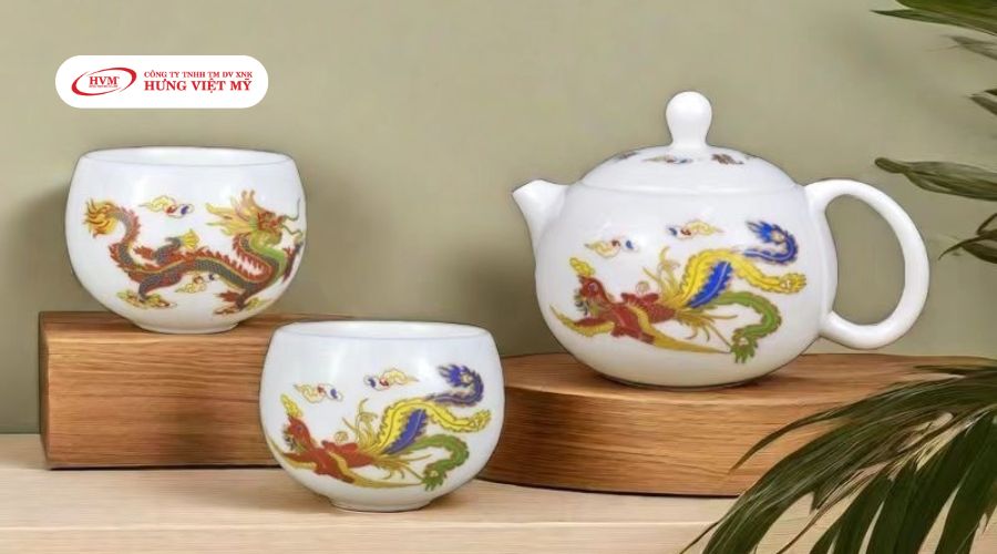 Bộ ấm chén bát tràng in họa tiết Long Phụng
