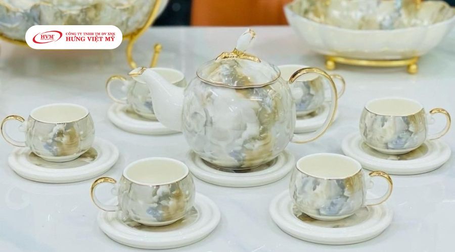 Bộ ấm trà dáng Minh Long tráng men viền chỉ vàng cao cấp