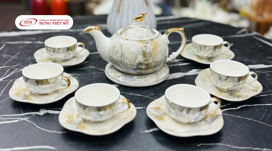 Bộ ấm trà bát tràng cao cấp tráng mem vân đá thanh lịch