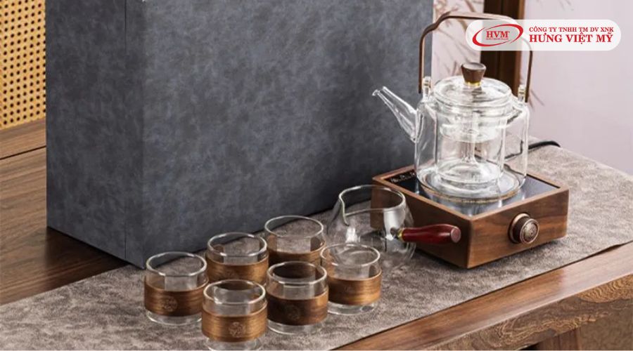 Bộ ấm chén uống trà cao cấp thủy tinh tích hợp khay đựng trà