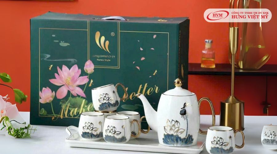 Bộ ấm chén uống trà cao cấp họa tiết hoa sen