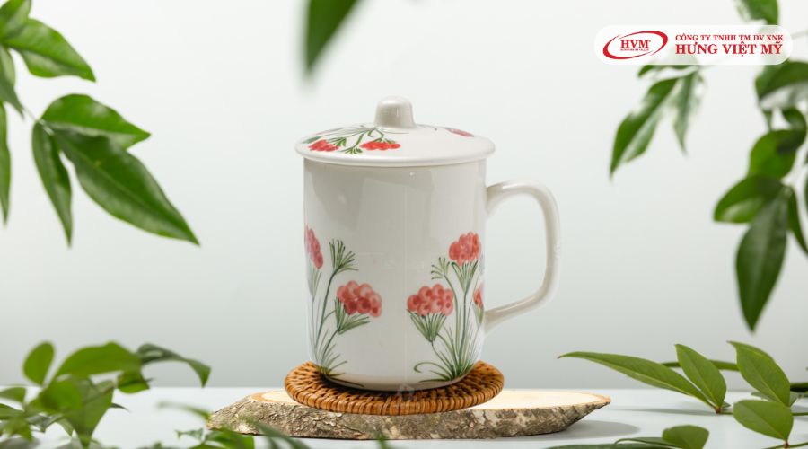 Ly sứ có nắp họa tiết hoa 