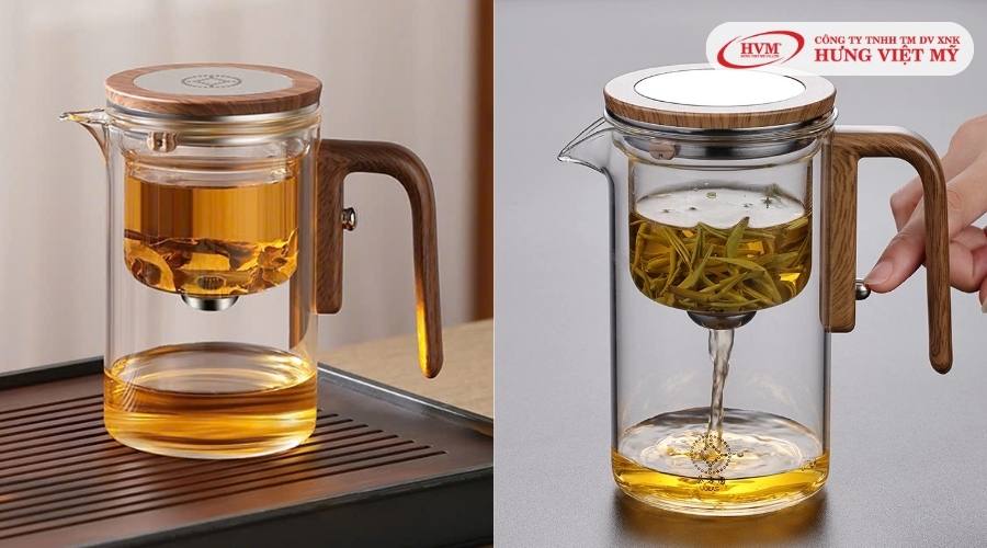 Bình pha trà quai chất liệu từ gỗ màu hổ phách