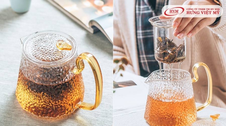 Bộ bình pha trà thủy tinh quai vàng sang trọng