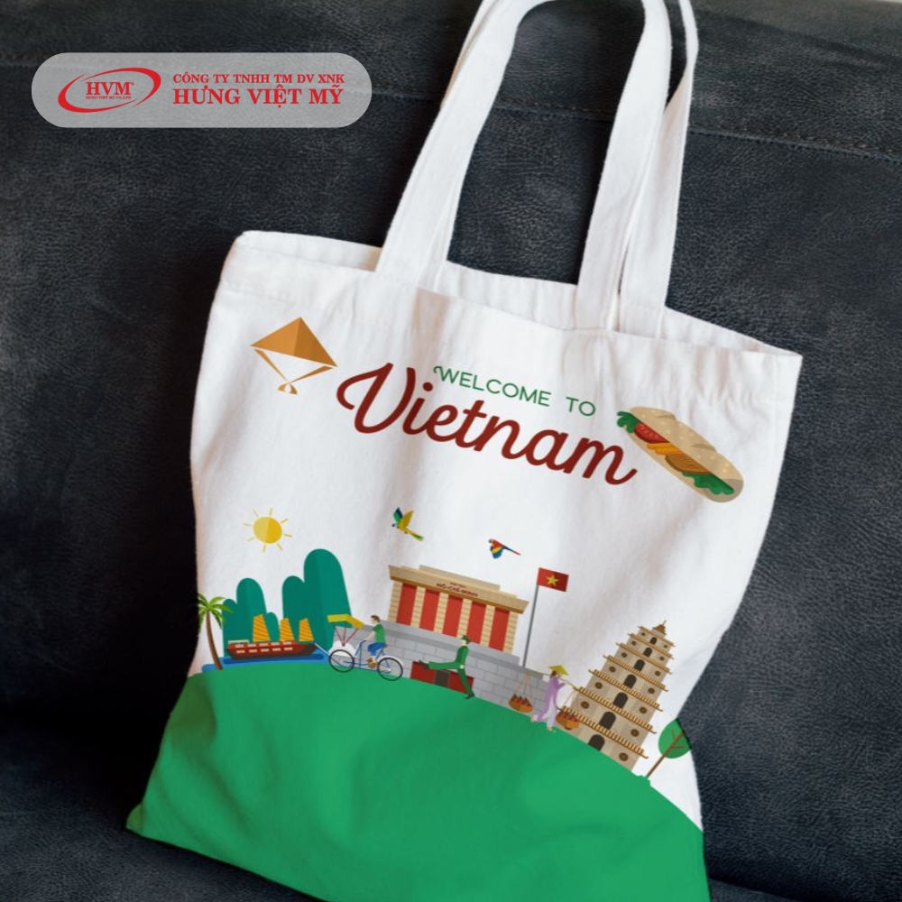 Mẫu in túi canvas với hình minh họa địa danh và văn hóa Việt Nam
