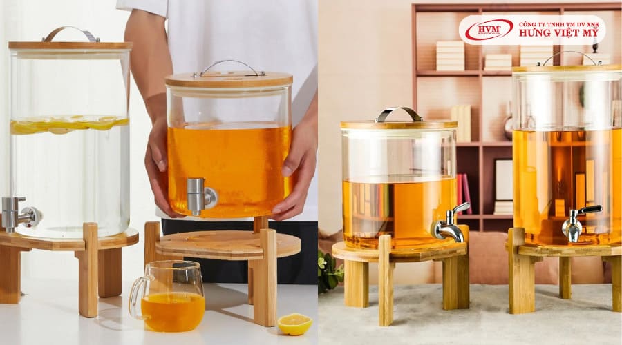 Bình thủy tinh có vòi kèm đế gỗ cao cấp