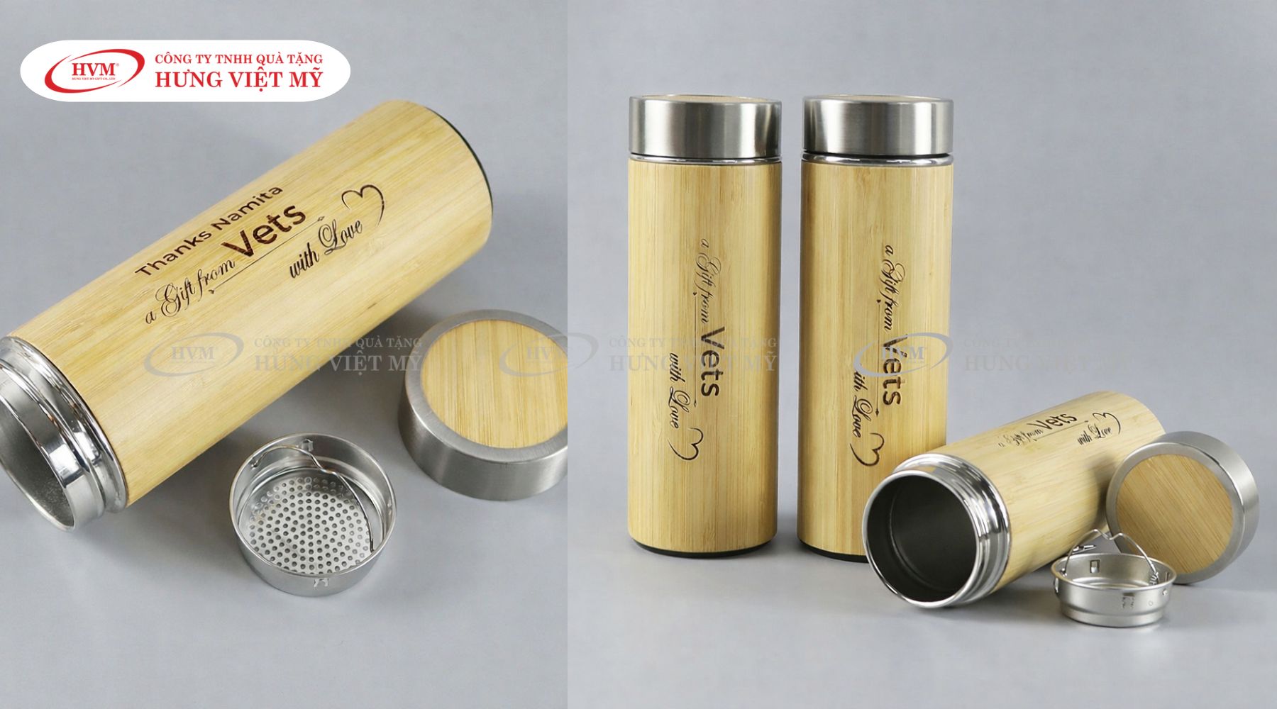 Bình giữ nhiệt quà tặng bằng tre in logo, khắc tên công ty