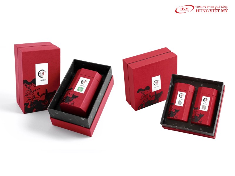 Set hộp âm dương đựng trà biếu Tết dành cho doanh nghiệp tri ân đối tác.