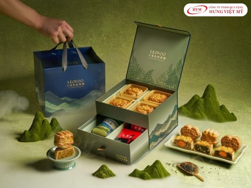 Mẫu hộp bánh trung thu 2 tầng tích hợp ô đựng trà thượng hạng