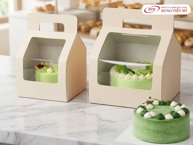 In hộp giấy đựng bánh kem bế cửa sổ mica giúp quan sát bánh sinh nhật bên trong.