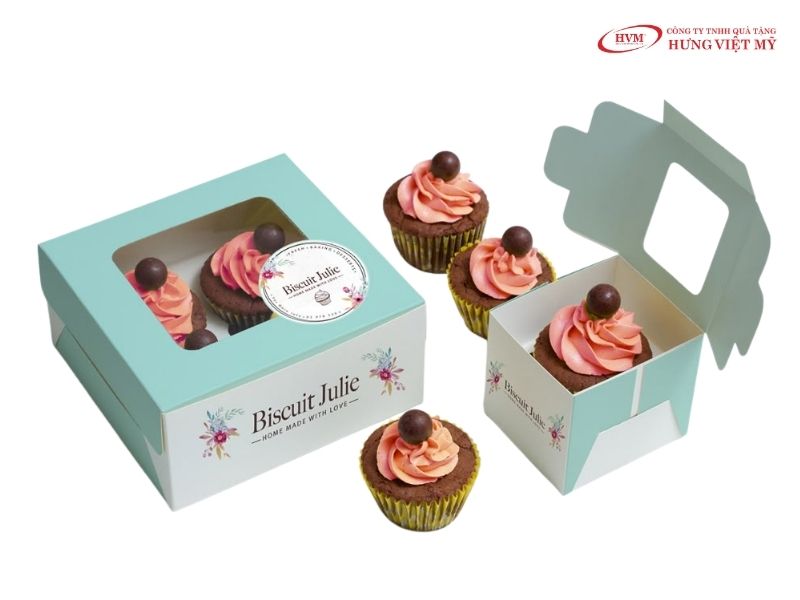 In hộp giấy đựng bánh có cửa sổ cố định khay định hình cho bánh cupcake ngọt.