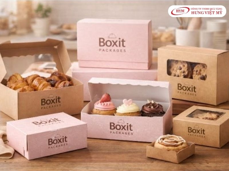 In hộp giấy đựng bánh ngọt có nắp gài tiện lợi