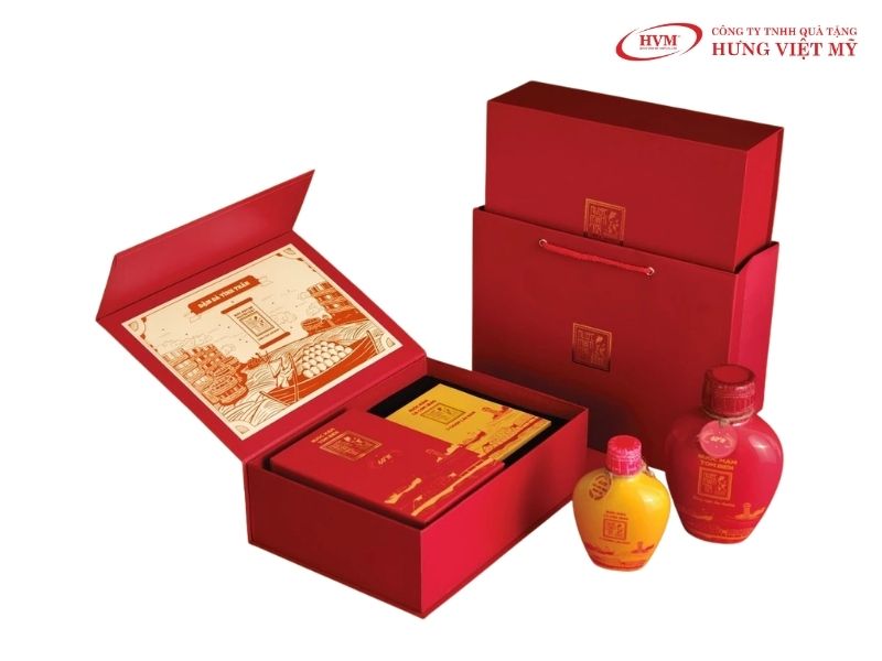 Bộ set in hộp quà tặng nước mắm cao cấp nắp nam châm sang trọng dùng làm quà Tết.