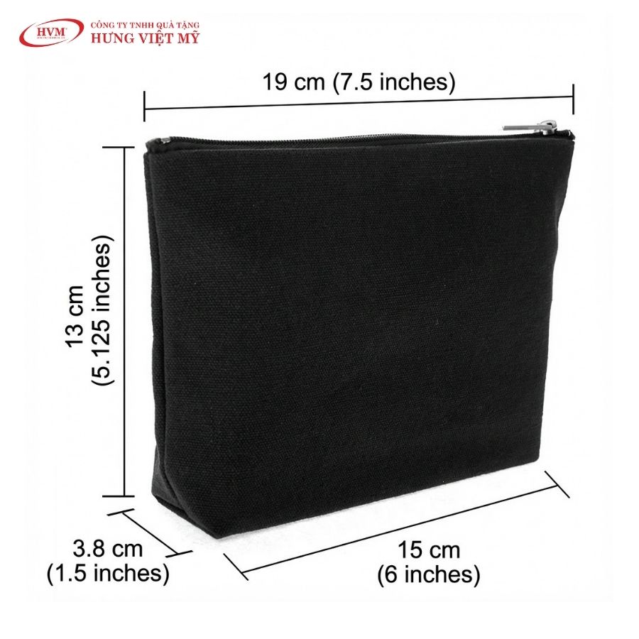 Kích thước túi đựng mỹ phẩm vải canvas TC015 màu đen 19x13cm