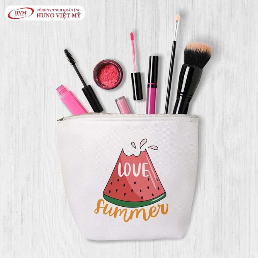 Túi đựng đồ makeup vải canvas màu trắng in logo thương hiệu đựng đồ makeup