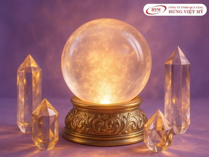 Cầu pha lê K9 tán sắc rực rỡ, khắc chìm 3D thông điệp hợp tác, tượng trưng năng lượng tích cực.