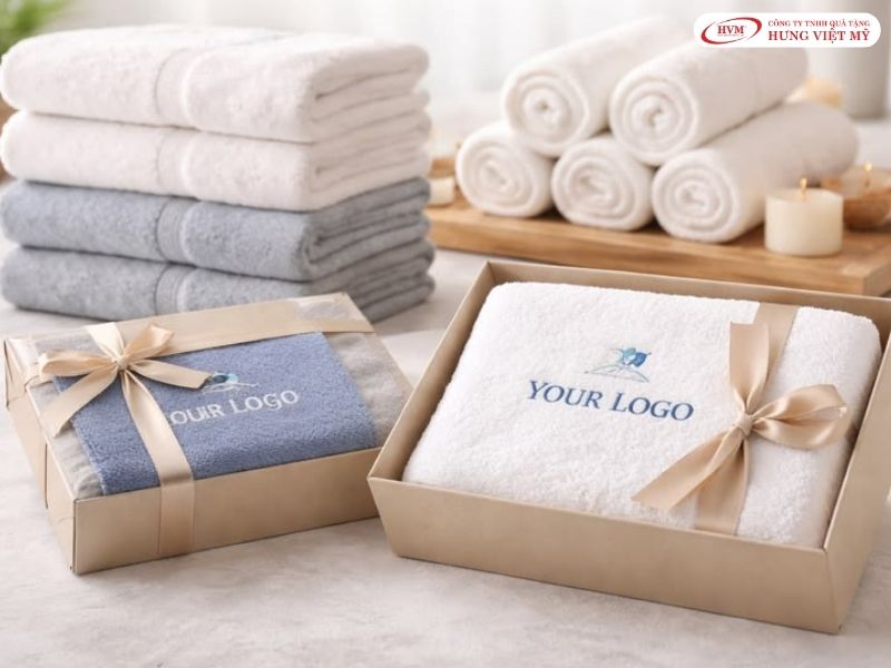 Hộp quà 2–3 khăn bông đóng gói trang nhã, thích hợp làm quà tặng chăm sóc khách VIP lưu trú.